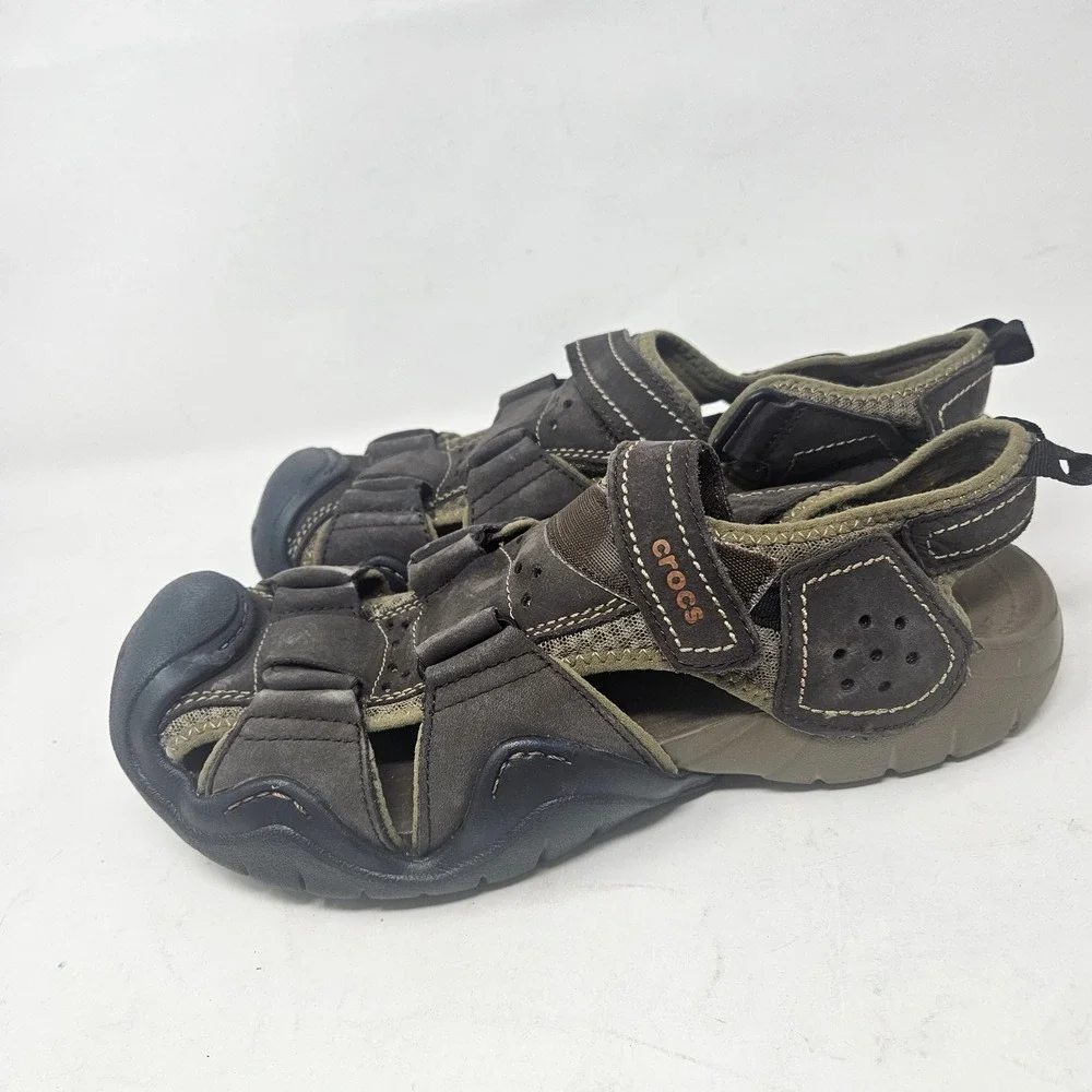 Crocs Swiftwater Leather Fisherman Sandals Mens 12 Brown Black Hiking 202114
